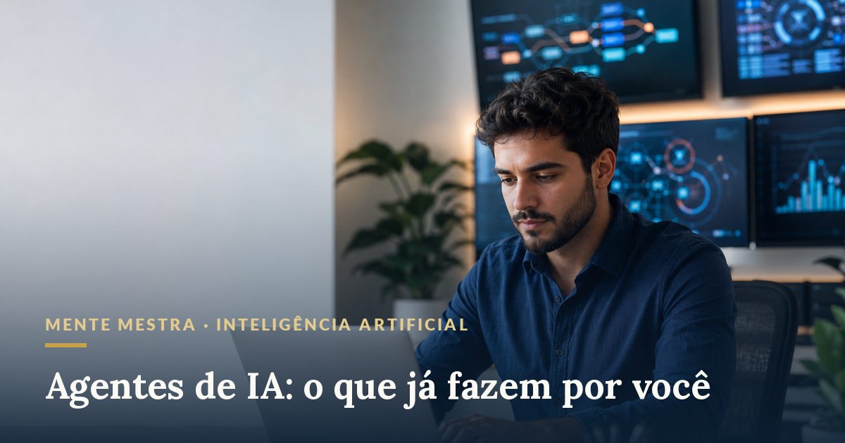 Empreendedor usando inteligência artificial no notebook · agentes de IA